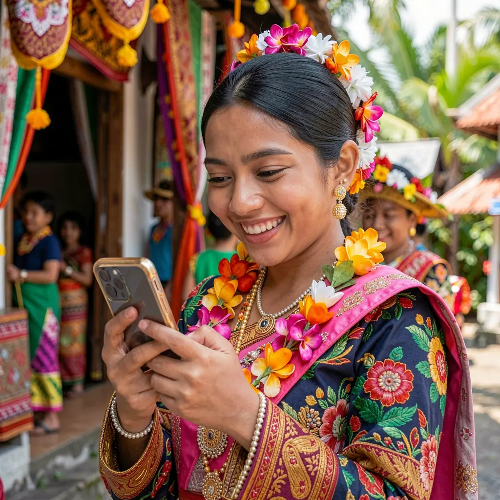 Modern Filipino woman enjoying mobile entertainment with the JKJILI app while using her smartphone in a vibrant cultural setting