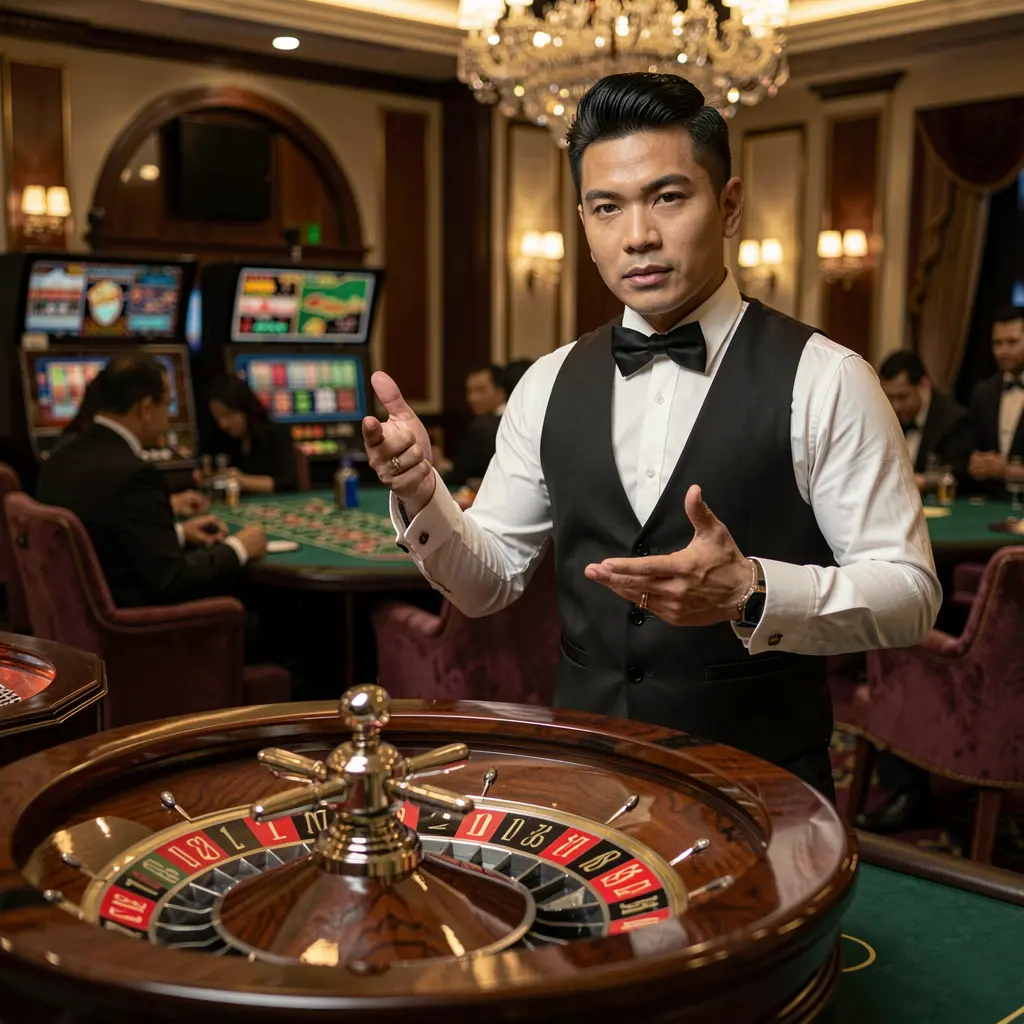 Professional live casino dealer from the Philippines standing by a roulette table in a luxury studio atmosphere at JKJILI Casino