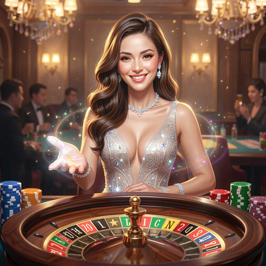 Friendly Filipino casino hostess inviting players to log in with glowing roulette elements highlighting the secure JKJILI platform