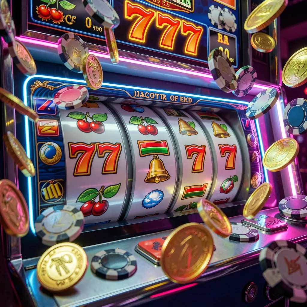 Glowing JKJILI slot machine reels showing triple seven symbols with golden coins flying in a cinematic casino style scene